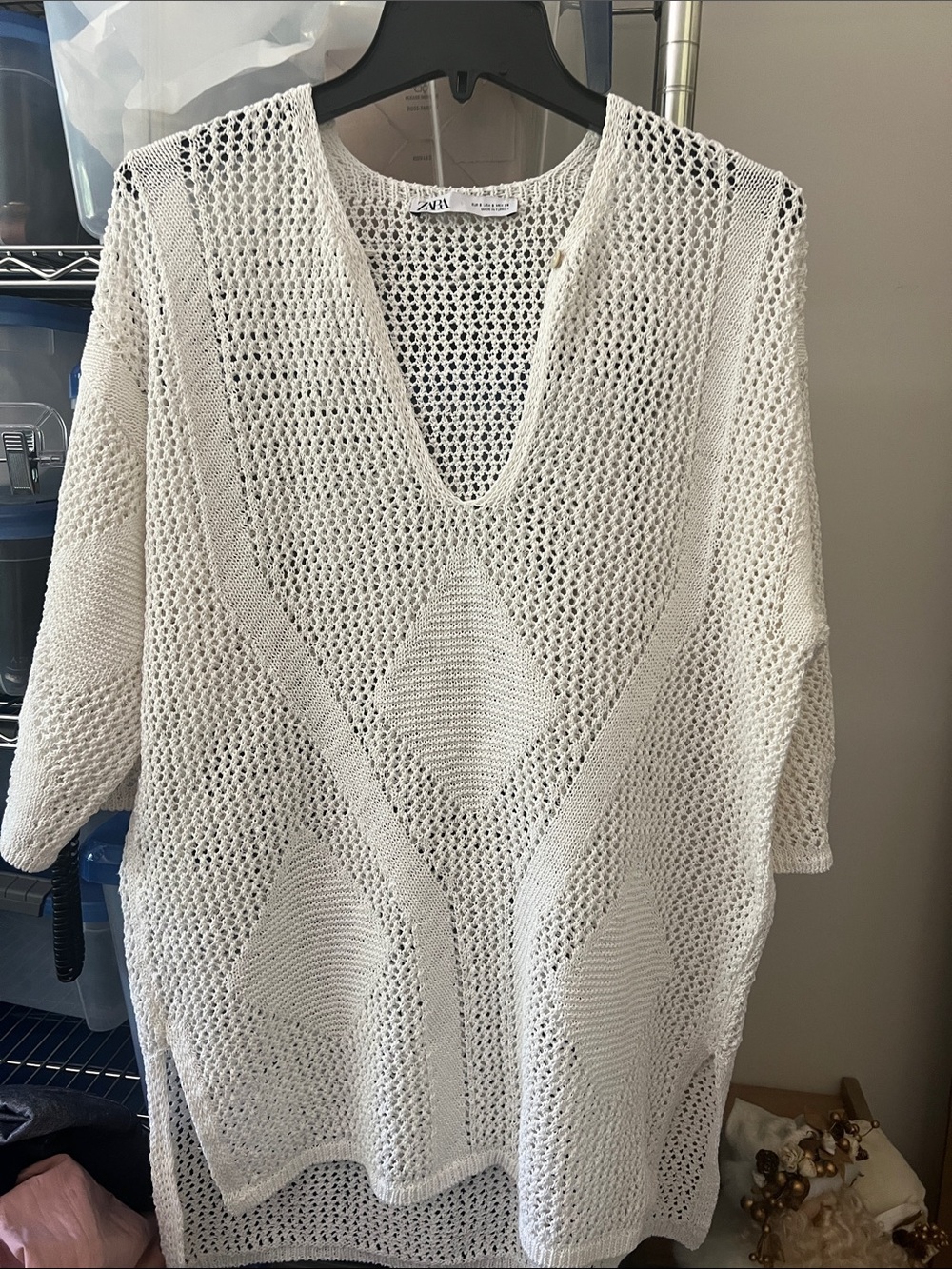 Zara Europe Oversized White Open-Knit V-Neck Sweater Tunic Swim Cover Up S/M NEW